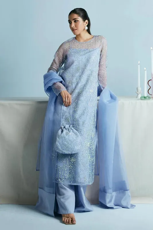 Zara Shahjahan Festive Eid 24 Blue Organza – view 1 – Poshaq