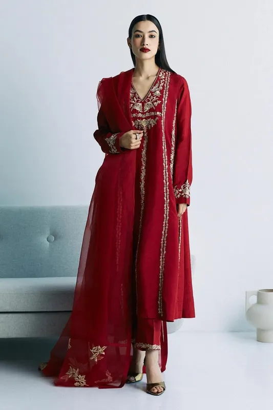 Zara Shahjahan Festive Eid 24 Red Raw Silk – view 1 – Poshaq