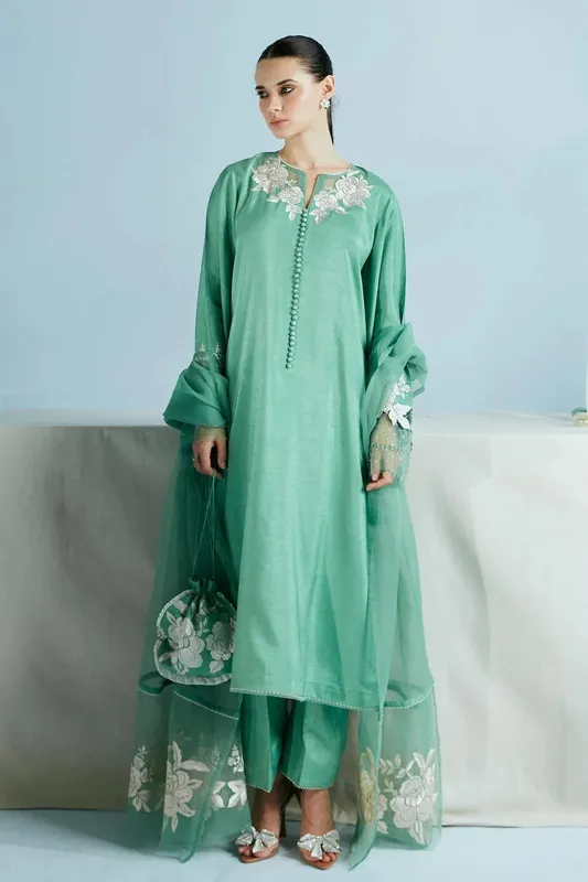 Zara Shahjahan Festive Eid 24 Green Raw Silk – view 1 – Poshaq