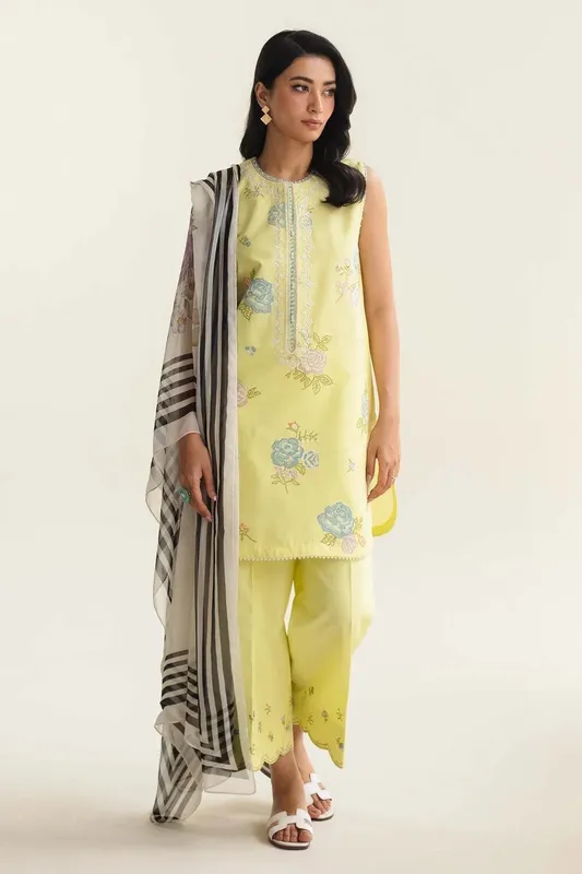 Zara Shahjahan Coco Lawn Vol 2 Yellow Organza – view 1 – Poshaq