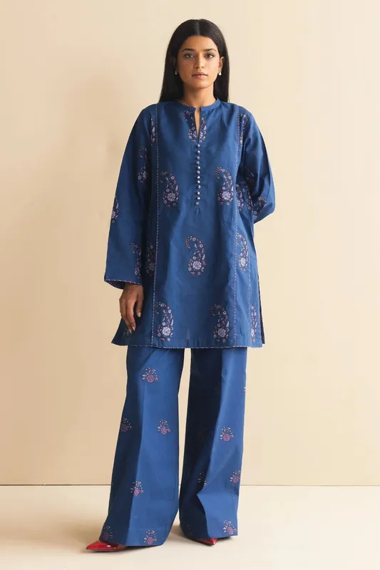 Zara Shahjahan Handcrafted Suits Blue Cambric – view 1 – Poshaq
