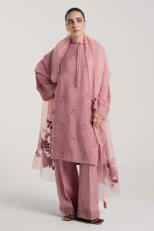 Zara Shahjahan Handcrafted Suits Pink Raw Silk – view 1 – Poshaq