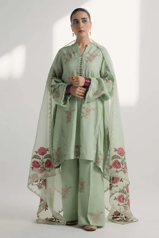 Zara Shahjahan Handcrafted Suits Green Raw Silk – view 1 – Poshaq