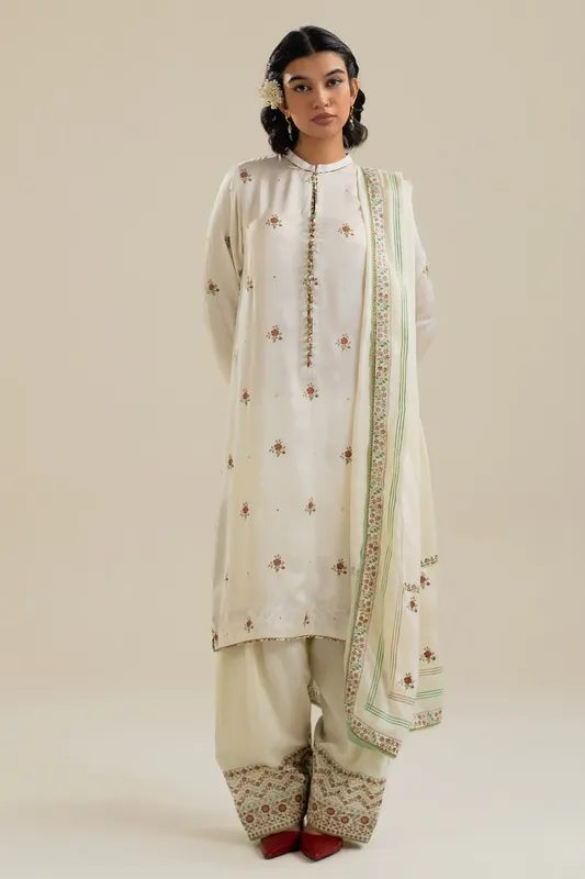 Zara Shahjahan Handcrafted Suits Ivory Silk – view 1 – Poshaq