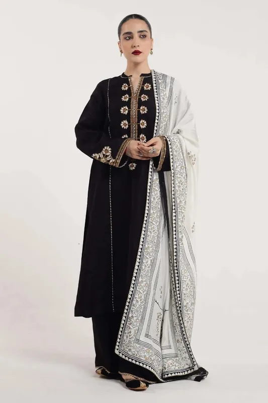 Zara Shahjahan Handcrafted Suits Black Raw Silk – view 1 – Poshaq