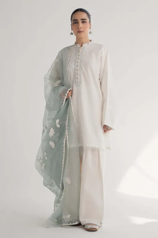 Zara Shahjahan Handcrafted Suits Ivory Organza – view 1 – Poshaq