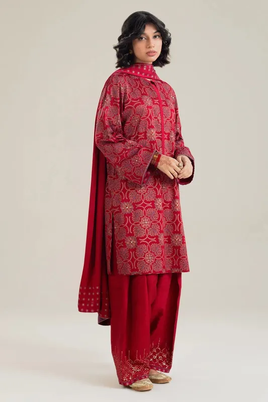 Zara Shahjahan Handcrafted Suits Red Silk – view 1 – Poshaq