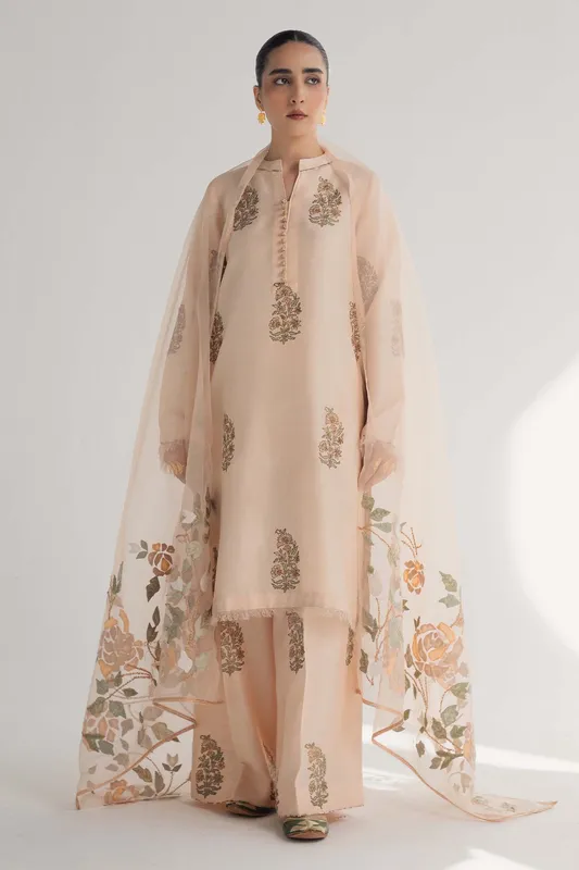 Zara Shahjahan Handcrafted Suits Peach Raw Silk – view 1 – Poshaq