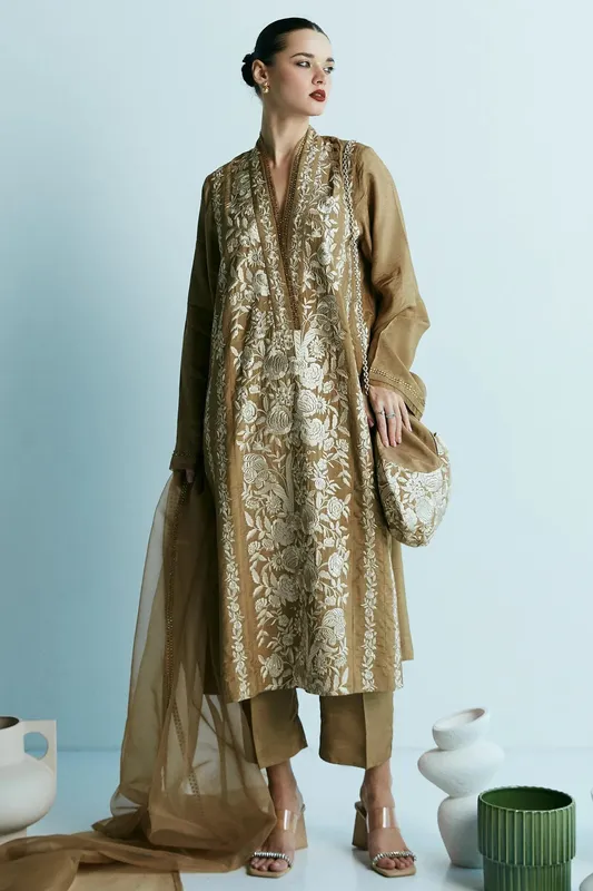 Zara Shahjahan Festive Collection Brown Raw Silk – view 1 – Poshaq