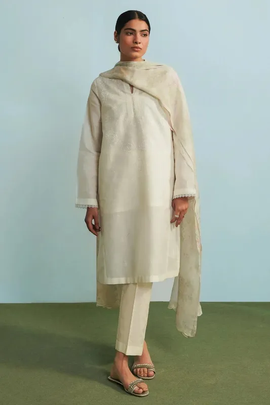 Zara Shahjahan Basics 2024 White Georgette – view 1 – Poshaq