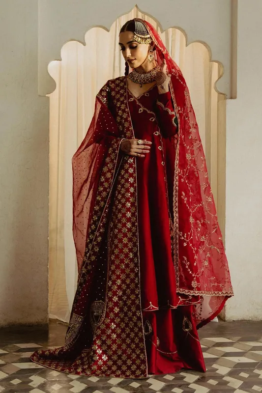 Zara Shahjahan Bridal 2024 Red Raw Silk – view 1 – Poshaq