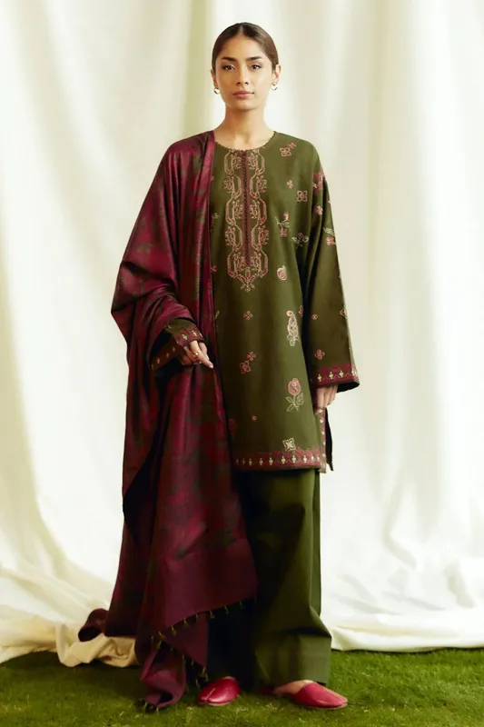 Zara Shahjahan Coco Winter 24 Green Karandi – view 1 – Poshaq