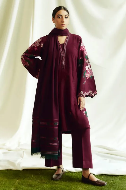 Zara Shahjahan Coco Winter 24 Maroon Khaddar – view 1 – Poshaq
