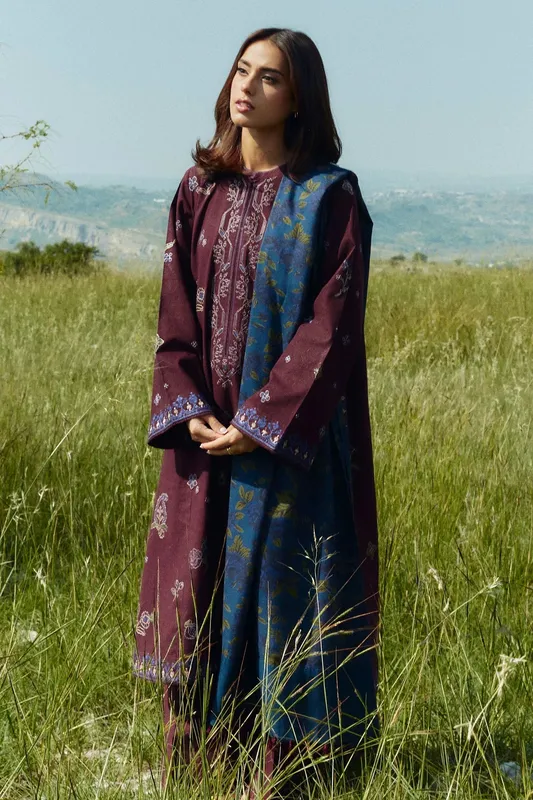 Zara Shahjahan Coco Winter 24 Maroon Karandi – view 1 – Poshaq