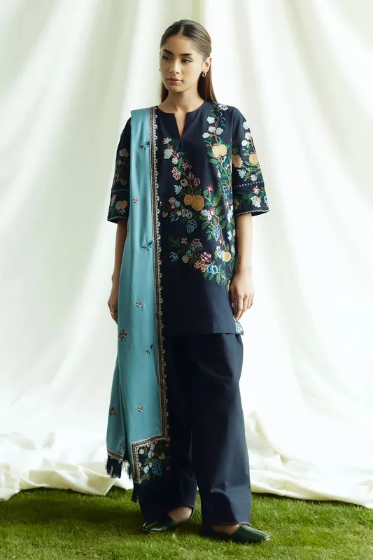 Zara Shahjahan Coco Winter 24 Blue Khaddar – view 1 – Poshaq