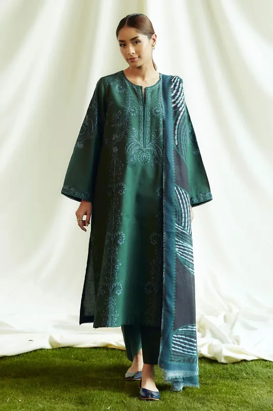 Zara Shahjahan Coco Winter 24 Green Khaddar – view 1 – Poshaq