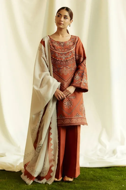 Zara Shahjahan Coco Winter 24 Rust Khaddar – view 1 – Poshaq