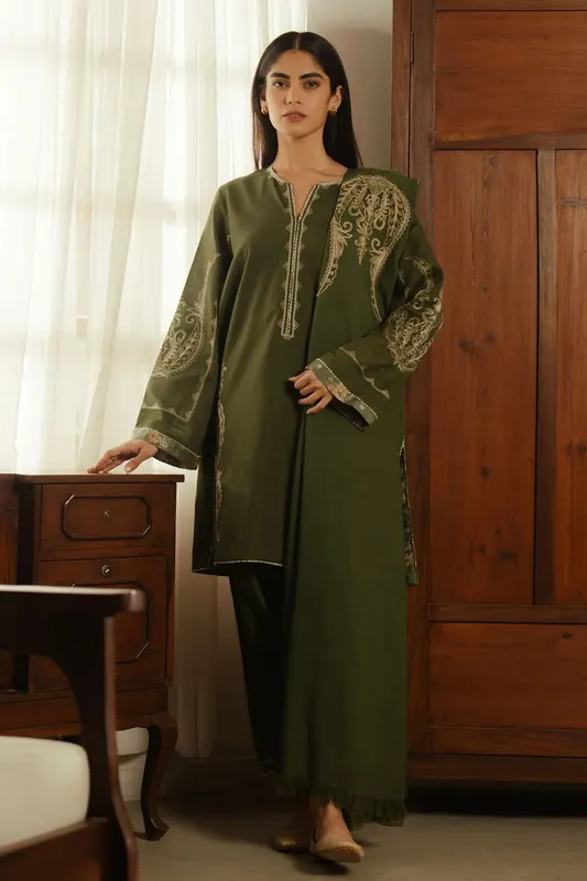 Zara Shahjahan Pret Wear Green Khaddar – view 1 – Poshaq