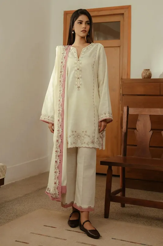 Zara Shahjahan Pret Wear Ivory Khaddar – view 1 – Poshaq