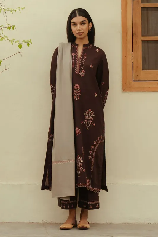 Zara Shahjahan Pret Wear Brown Khaddar – view 1 – Poshaq