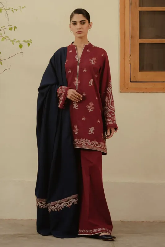 Zara Shahjahan Pret Wear Red Khaddar – view 1 – Poshaq