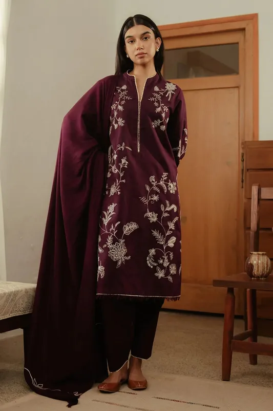 Zara Shahjahan Pret Wear Plum Khaddar – view 1 – Poshaq