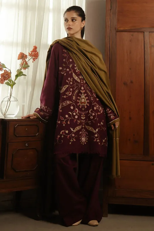 Zara Shahjahan Pret Wear Maroon Khaddar – view 1 – Poshaq