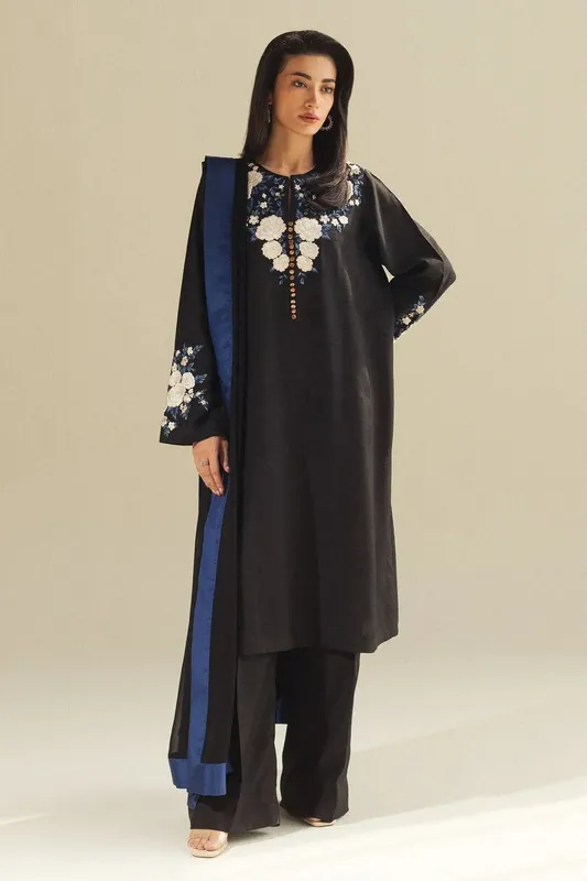 Black georgette and silk outfit with chiffon dupatta – view 1 – Poshaq
