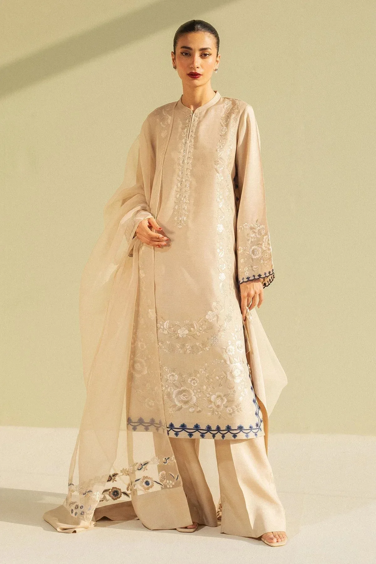 Beige raw silk shirt and trousers with sheer organza dupatta – view 1 – Poshaq