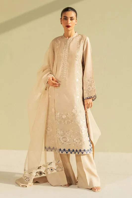 Beige raw silk shirt and trousers with sheer organza dupatta – view 1 – Poshaq