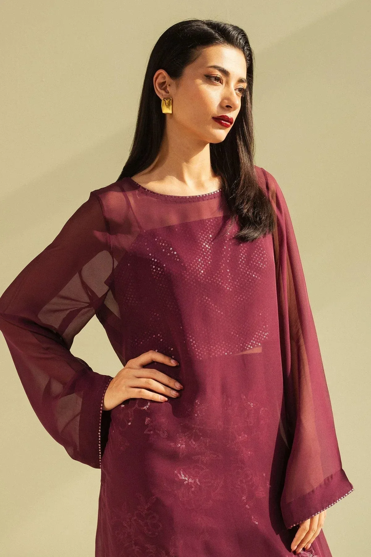 Zara Shahjahan Festive Wear 25 Plum Georgette – view 3 – Poshaq