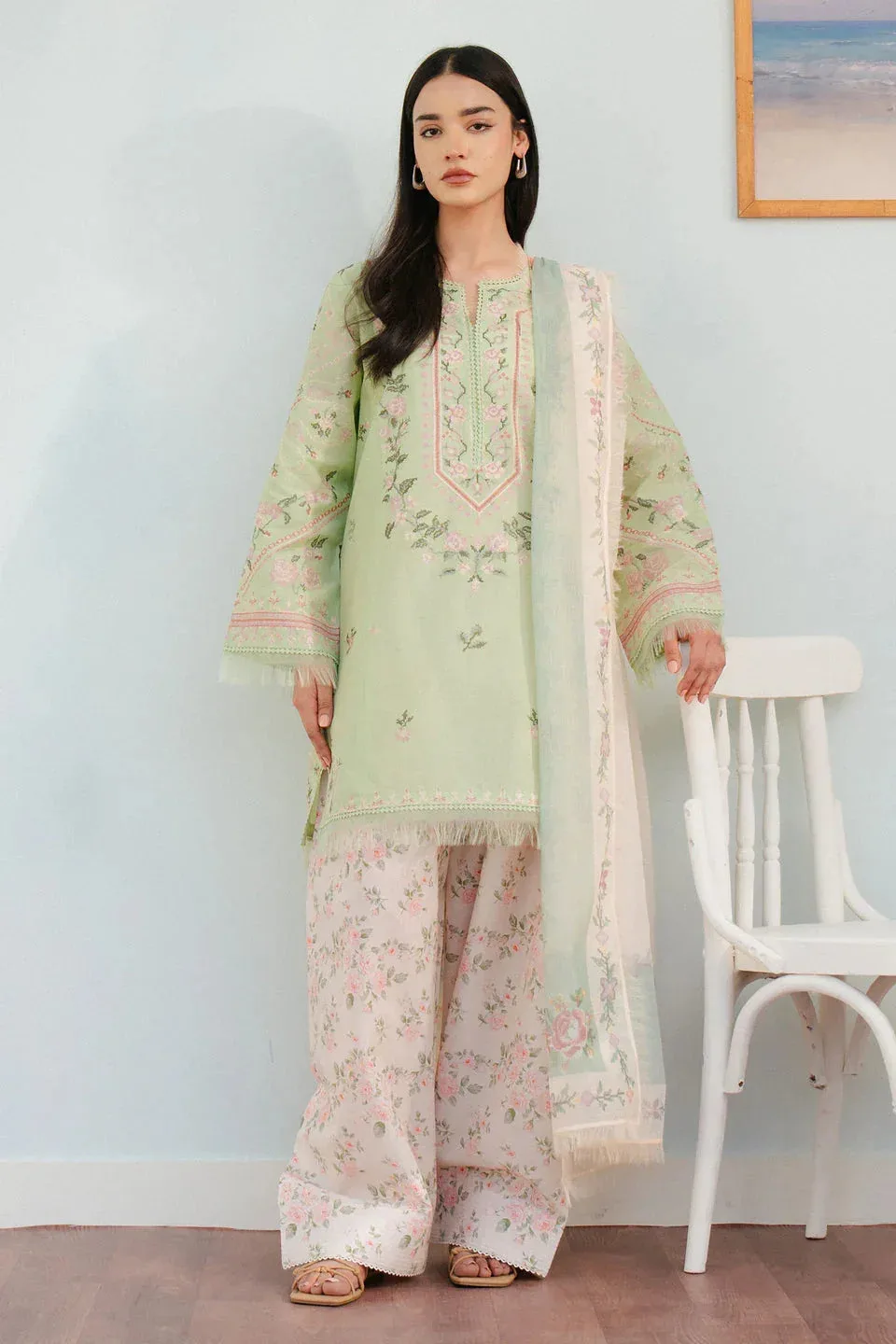 Zara Shahjahan Coco Lawn 25 Green Organza – view 1 – Poshaq