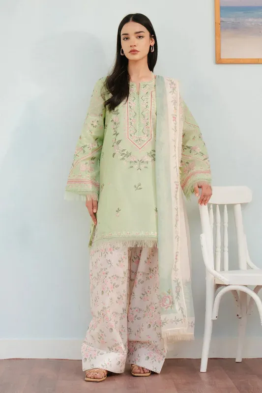 Zara Shahjahan Coco Lawn 25 Green Organza – view 1 – Poshaq