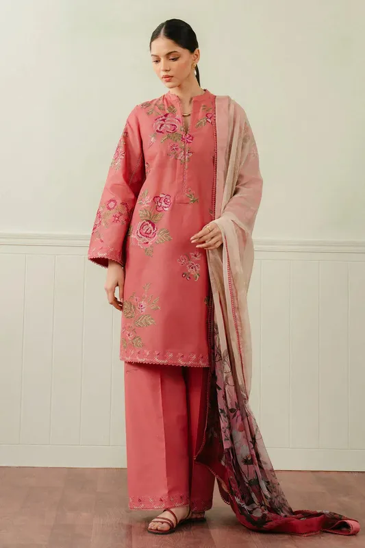 Zara Shahjahan Coco Lawn 25 Pink Chiffon – view 1 – Poshaq