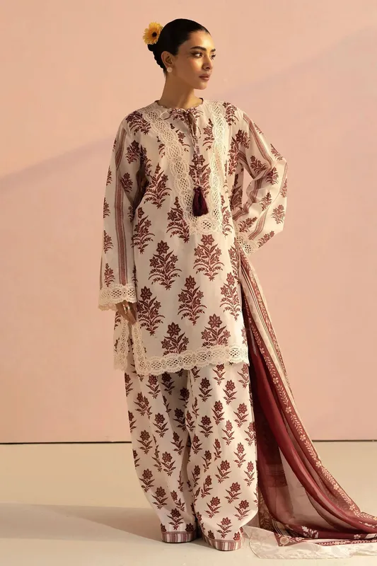 Zara Shahjahan Coco Prints 25 Maroon Cambric – view 1 – Poshaq