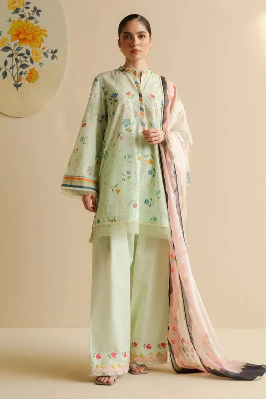 Zara Shahjahan Coco Prints Green Cambric – view 1 – Poshaq