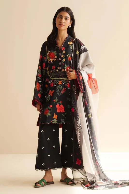 Zara Shahjahan Coco Prints Black Cambric – view 1 – Poshaq