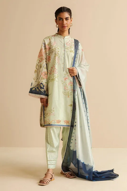 Zara Shahjahan Coco Prints Green Cambric – view 1 – Poshaq