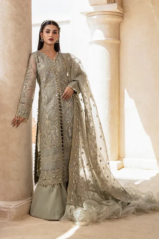Zarposh Jahanara Wedding Formals Green Raw Silk – view 1 – Poshaq
