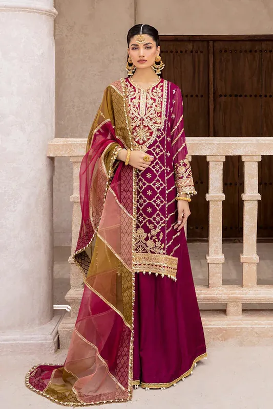 Zarposh Jahanara Wedding Formals Maroon Raw Silk – view 1 – Poshaq