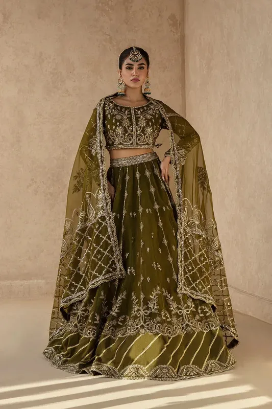 Zarposh Jahanara Wedding Formals Green Raw Silk – view 1 – Poshaq