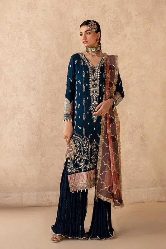 Zarposh Jahanara Wedding Formals Teal Raw Silk – view 1 – Poshaq