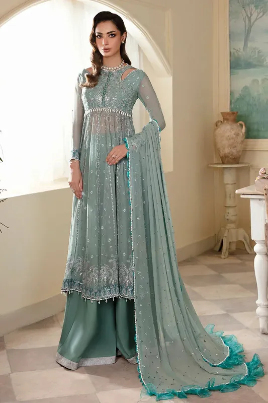 Zarposh Amirah Collection Teal Raw Silk – view 1 – Poshaq