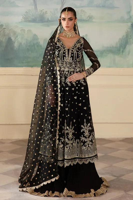Zarposh Amirah Collection Black Raw Silk – view 1 – Poshaq