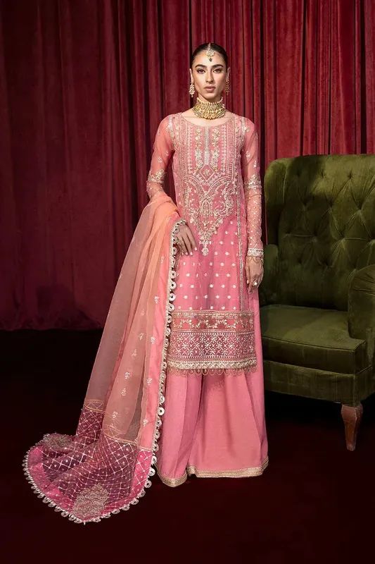 Zarposh Lamhay Wedding Formals Pink Organza – view 1 – Poshaq