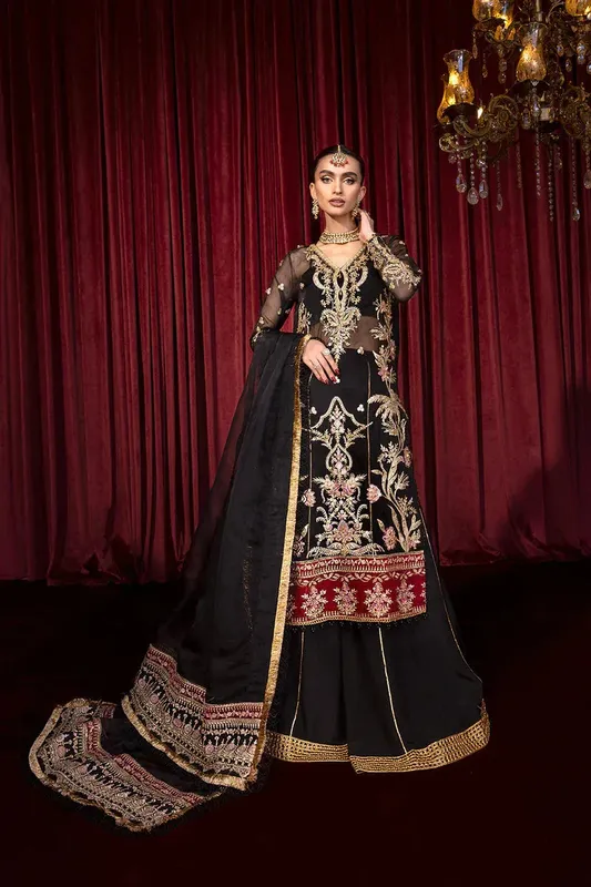 Zarposh Lamhay Wedding Formals Black Raw Silk – view 1 – Poshaq