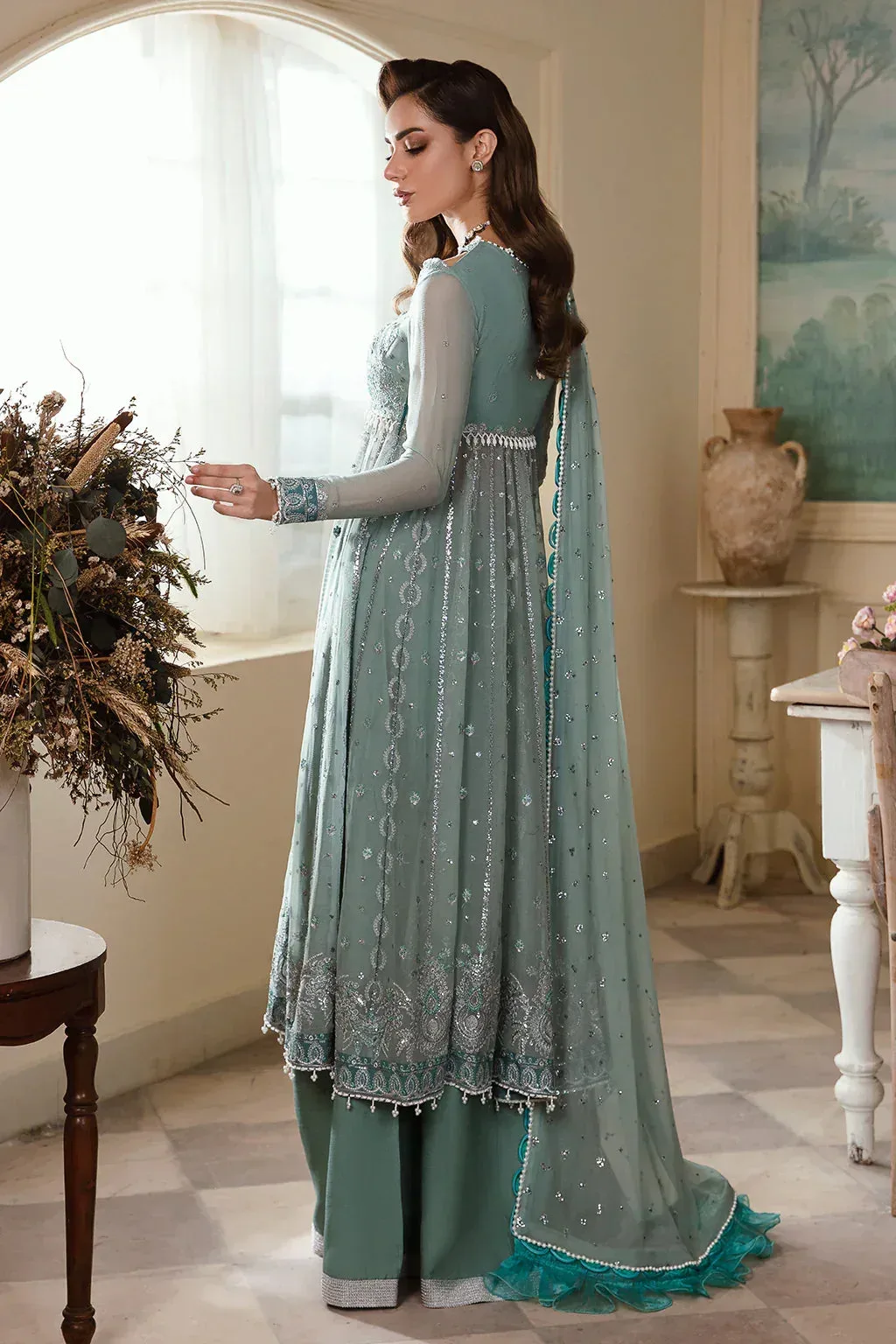 Raw silk chiffon dress with embroidered panels – view 2 – Poshaq