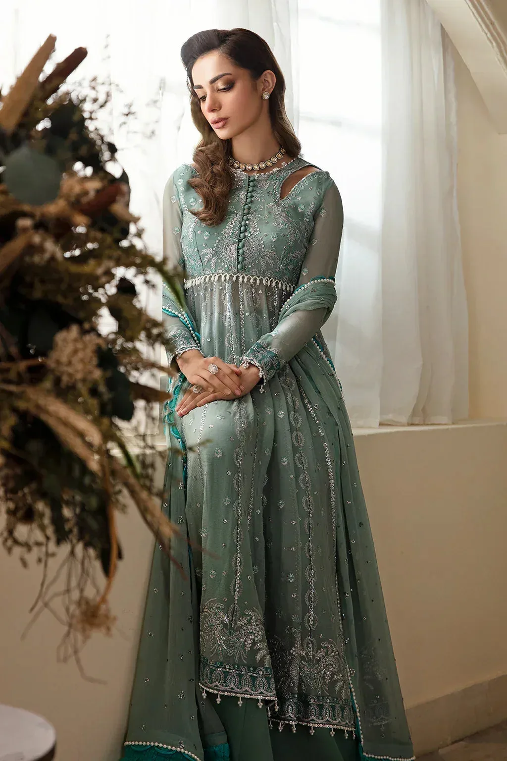 Raw silk chiffon dress with embroidered panels – view 5 – Poshaq