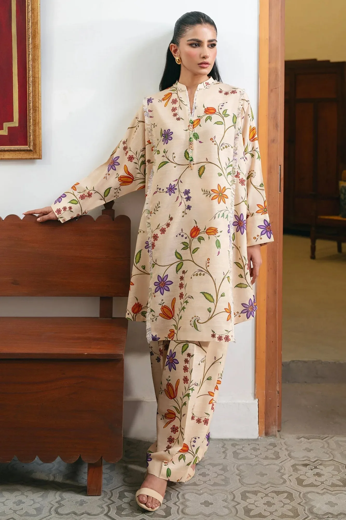 Zaha Aangan Ready to Wear Beige Khaddar – view 1 – Poshaq
