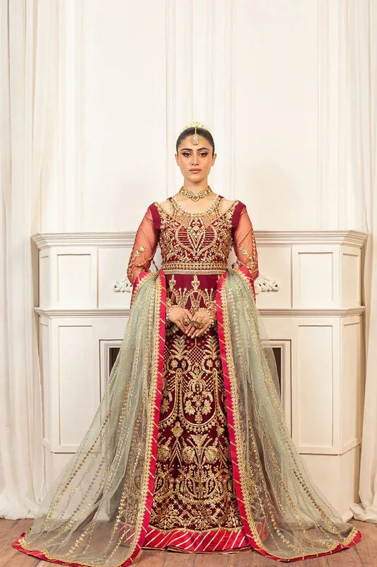 Mushq Hemline Aura Debut Wedding Formals Maroon Raw Silk – view 1 – Poshaq